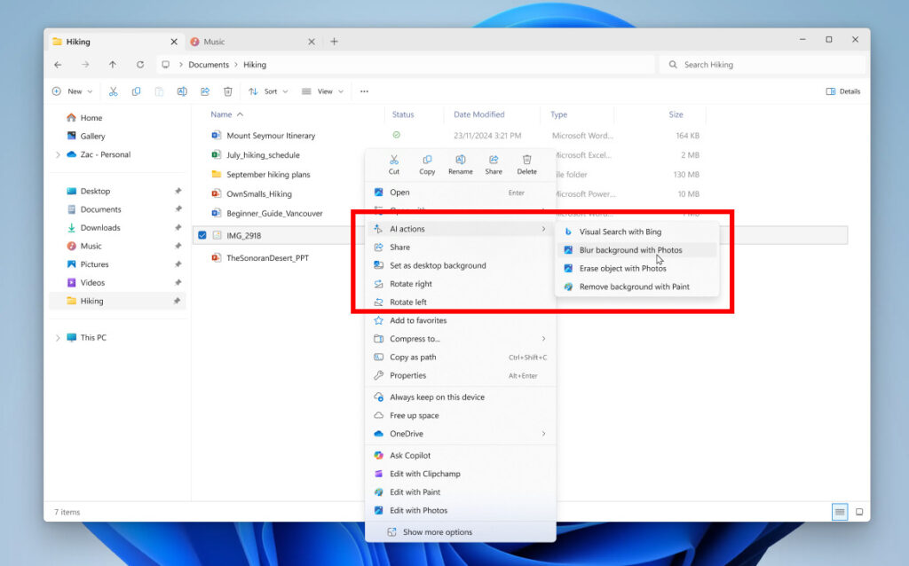 IA en el explorador de archivos Windows 11