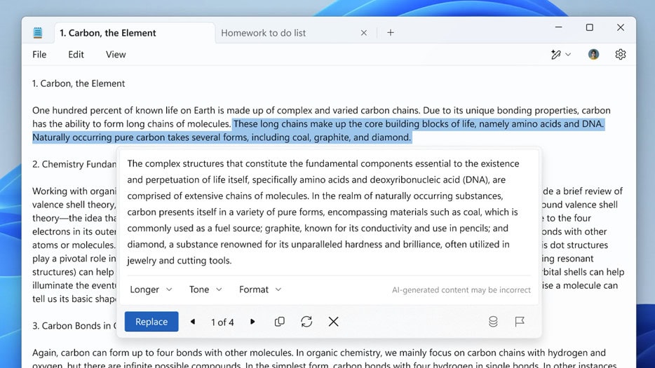 Notepad Rewrite con IA en Windows 11