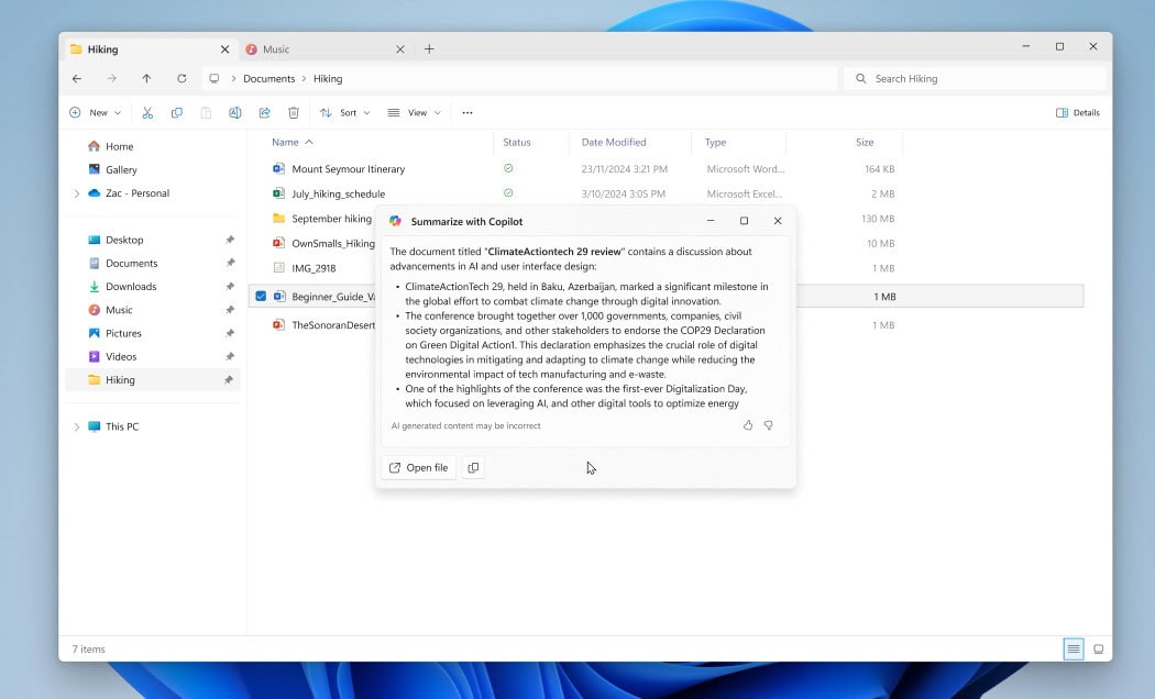 Resumen con IA en explorador de archivos Windows 11