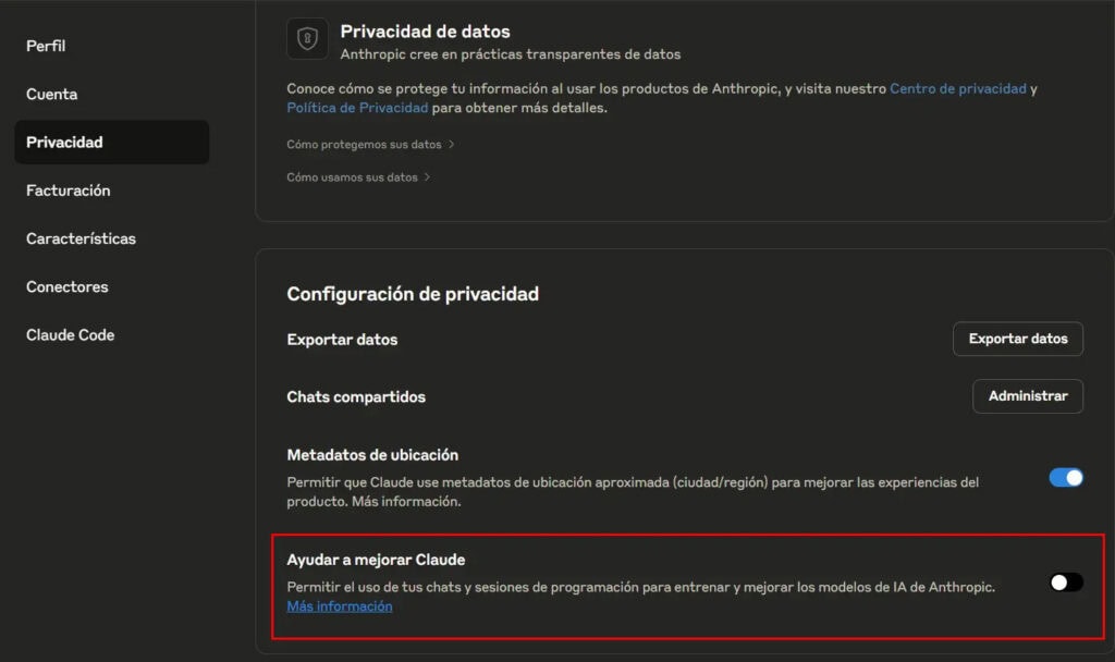 privacidad y la retención de datos en Claude