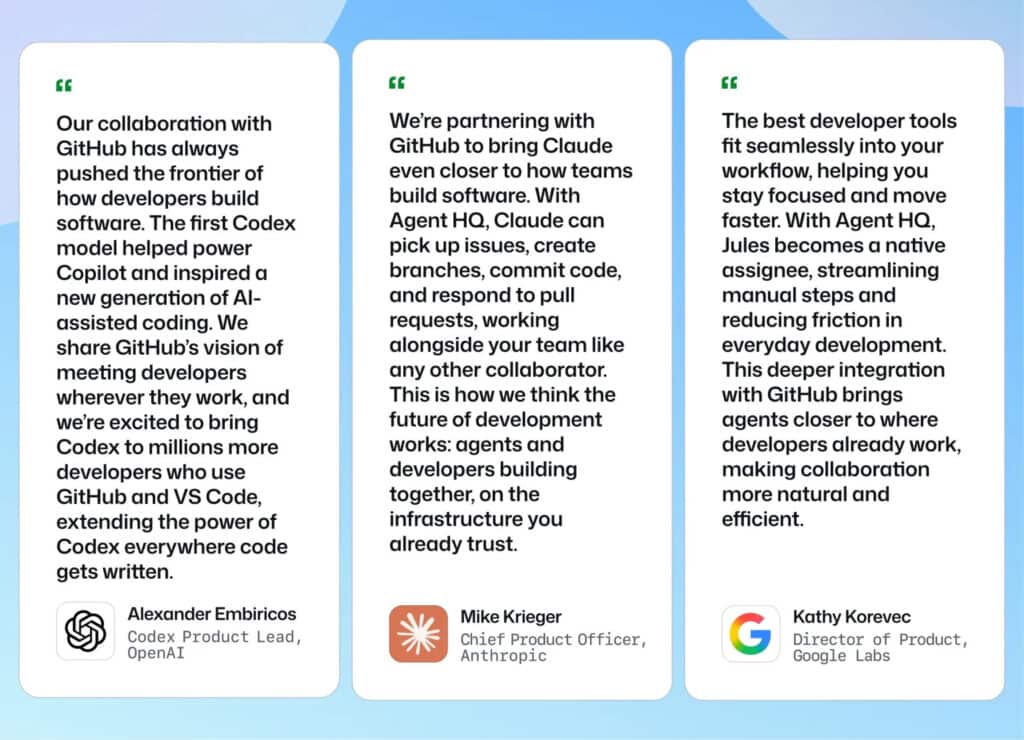 Opiniones de OpenAI, Anthropic y Google sobre GitHub Agent HQ,