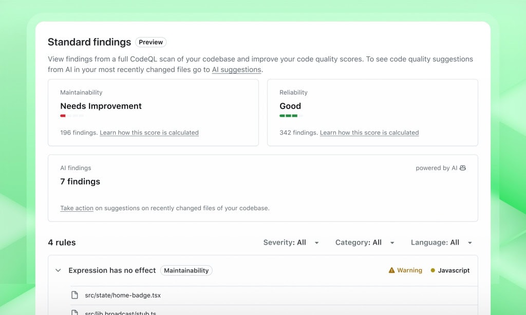GitHub Code Quality y panel de métricas de Copilot