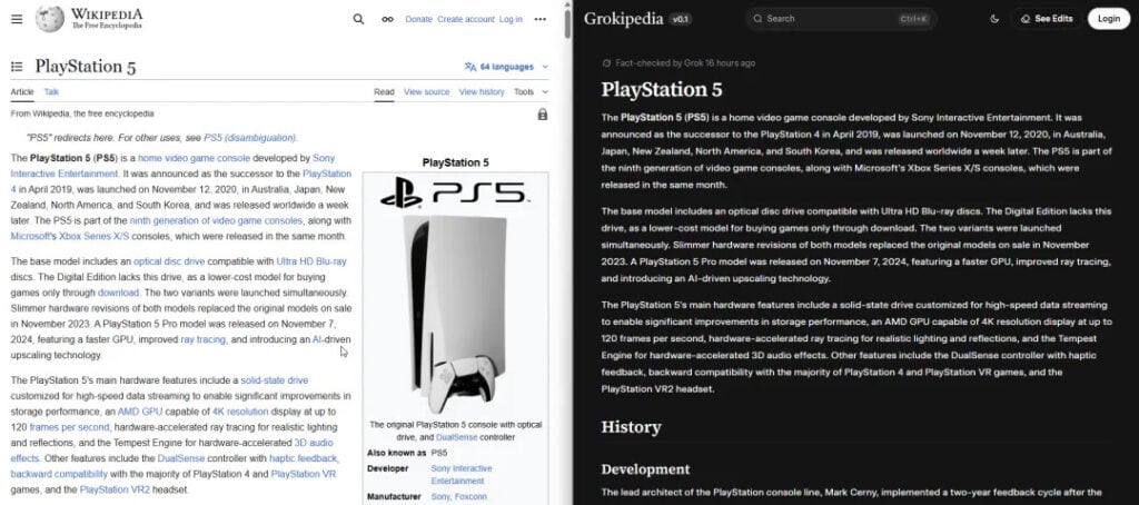 PlayStation 5 Wikipedia vs Grokipedia
