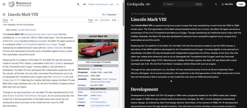 Licoln Mark VIII Wikipedia vs Grokipedia