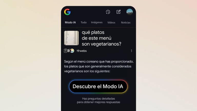 Botón del Modo IA en resultados y apps de Android e iOS