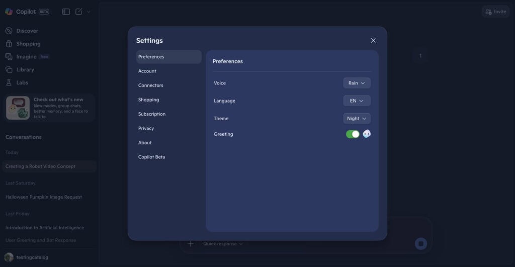 Nueva configuración de Copilot con modal emergente: acceso más rápido a ajustes