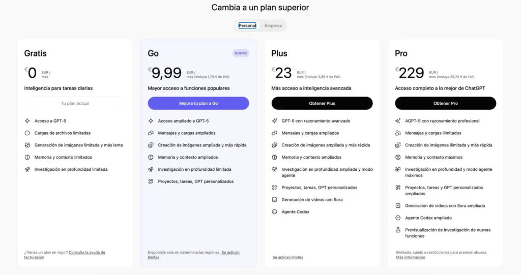 ChatGPT Go en España: qué incluye por 9,99 euros al mes