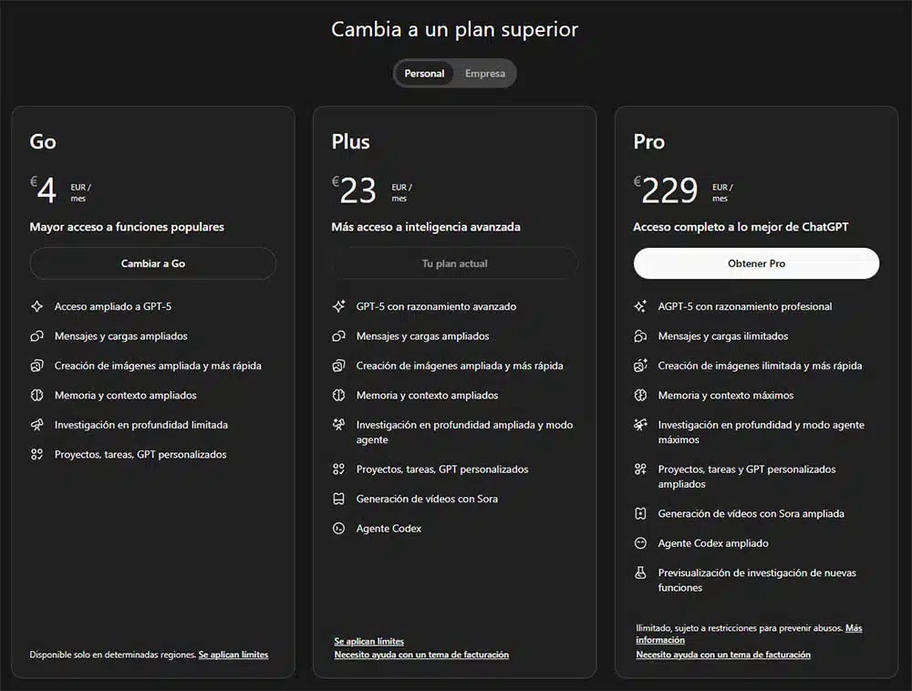 Cómo pasar de ChatGPT Pro a ChatGPT Go por 4 euros al mes