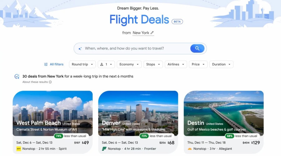 Ofertas de vuelos con IA en Google Flights