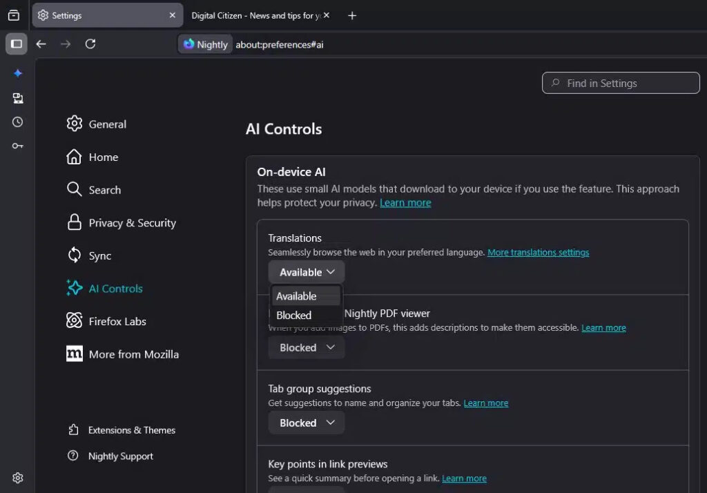 También podrás desactivar función por función