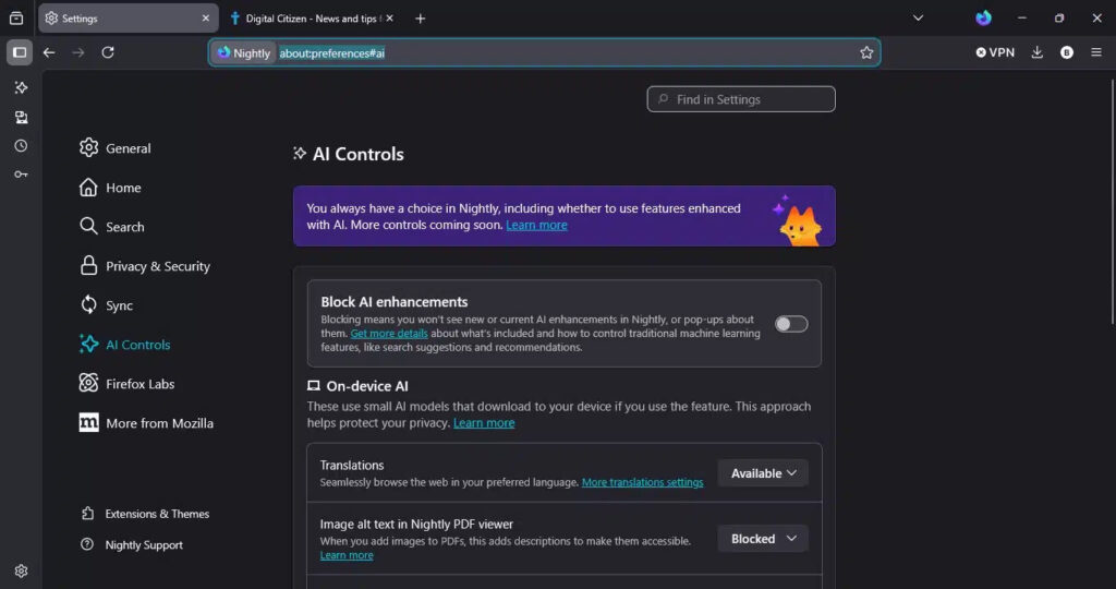 “Block AI enhancements” (bloquear mejoras de IA).