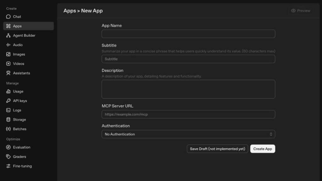 Apps dashboard de OpenAI: panel central para crear y gestionar apps en ChatGPT