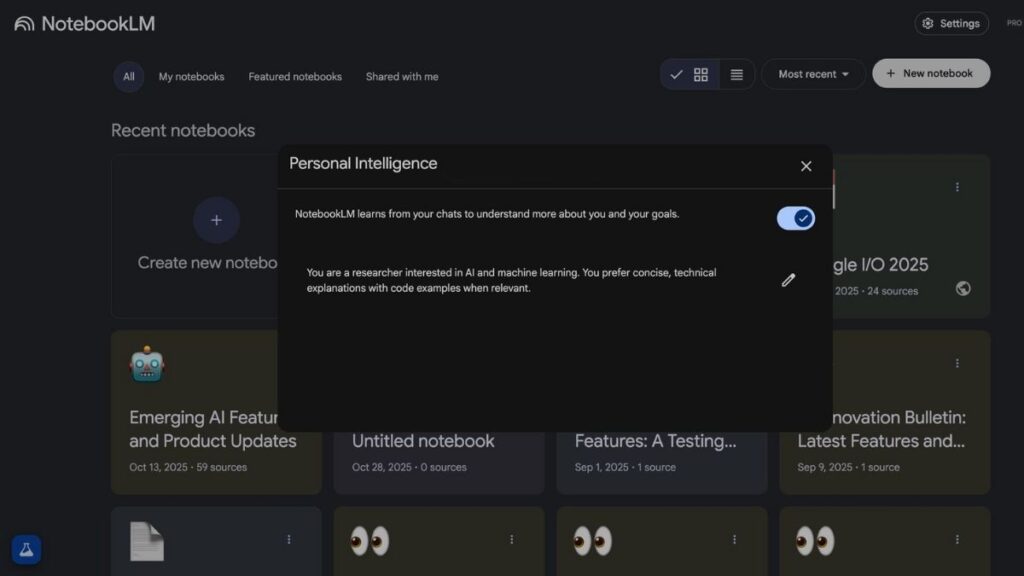 Personal Intelligence para NotebookLM