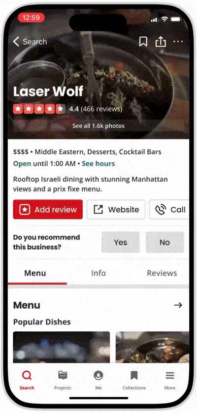 Novedades de IA de Yelp Menu Vision