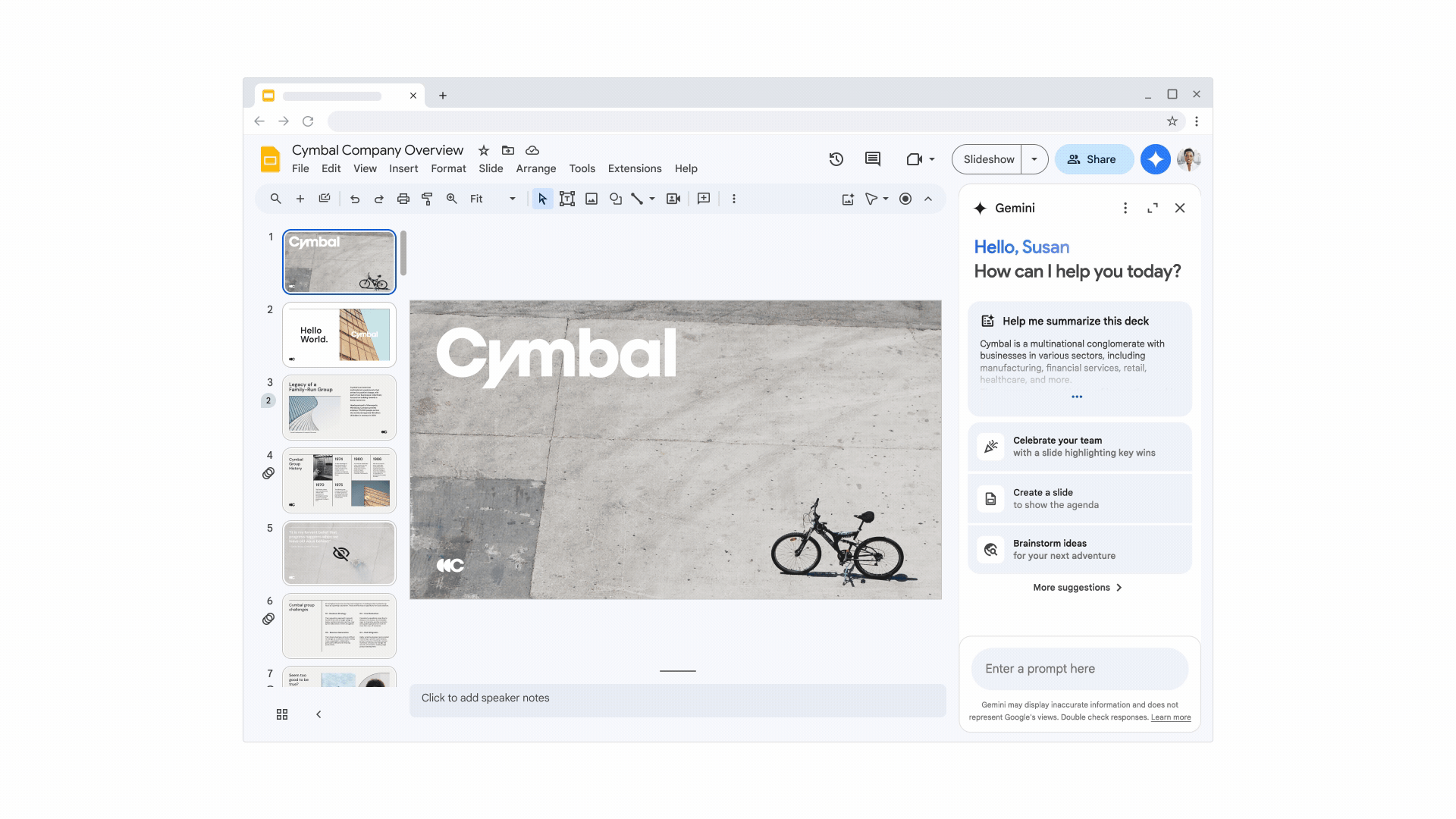 Animación que muestra a un usuario pidiendo a Gemini en Presentaciones que cree una diapositiva para mostrar un mensaje de felicitación al equipo