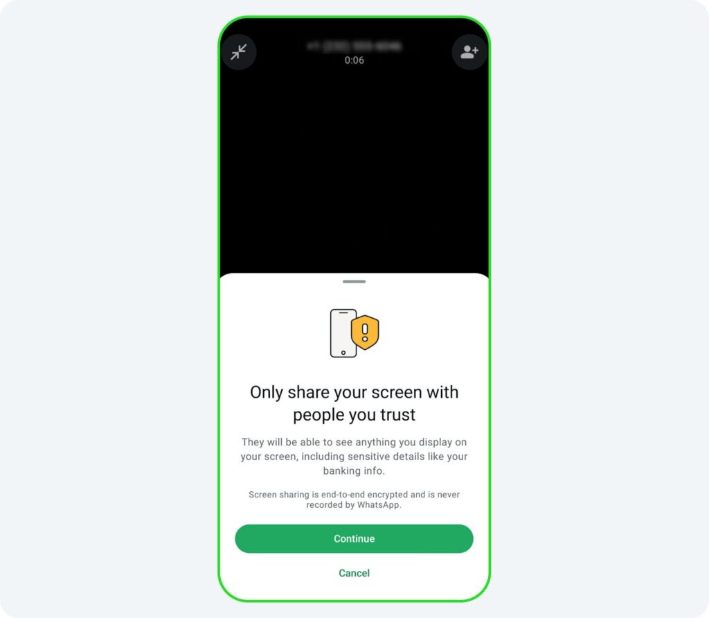 Aviso de compartir pantalla en WhatsApp: cómo te protege en videollamadas