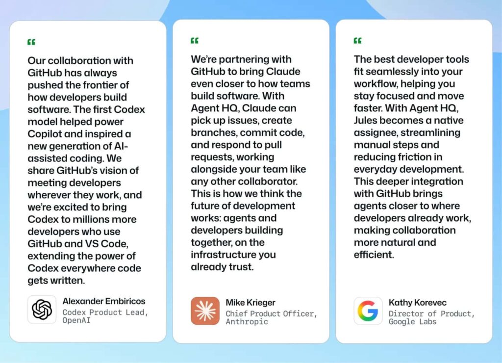 Opiniones de OpenAI, Anthropic y Google sobre GitHub Agent HQ,