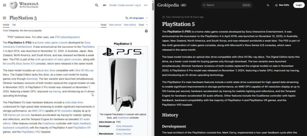 PlayStation 5 Wikipedia vs Grokipedia