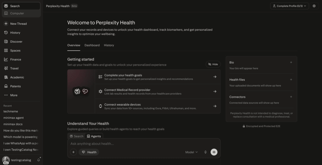 Perplexity Health nace diseñado como un auténtico hub integral