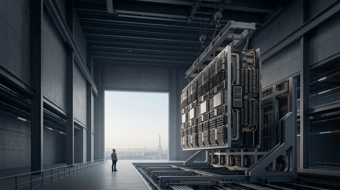 Un centro de datos cerca de París en construcción, con una gran unidad de servidor siendo levantada y la Torre Eiffel de fondo.
