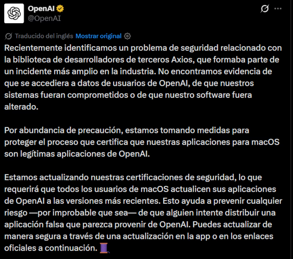 OpenAI emitió una advertencia para usuarios de macOS