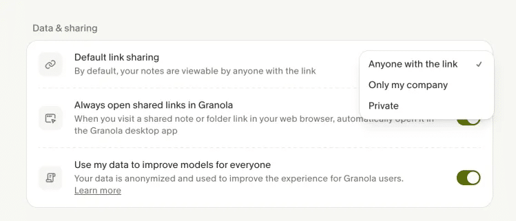 Granola utiliza tus notas para entrenar a su IA si no modificas los ajustes