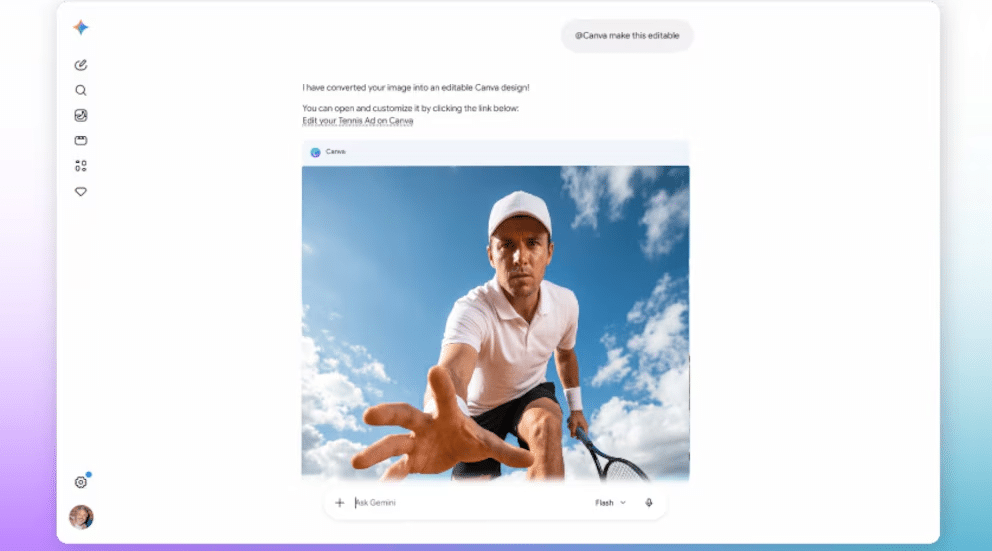 Vincular la cuenta de Canva desde Gemini o usar el comando @Canva dentro del chat