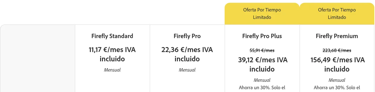 Planes de Adobe Firefly en España para crear video con IA, desde 11,17 euros al mes con IVA