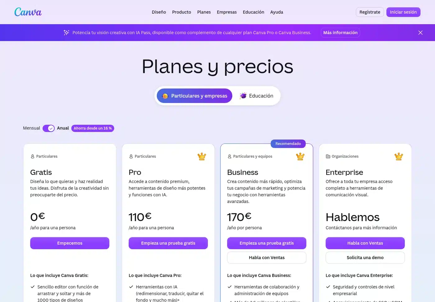 Precios de Canva Gratis, Pro y Business para crear presentaciones con IA