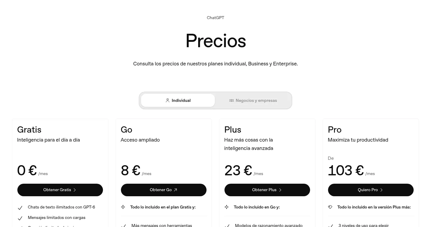 Planes de ChatGPT en España: Gratis, Go a 8 euros, Plus a 23 euros y Pro desde 103 euros al mes