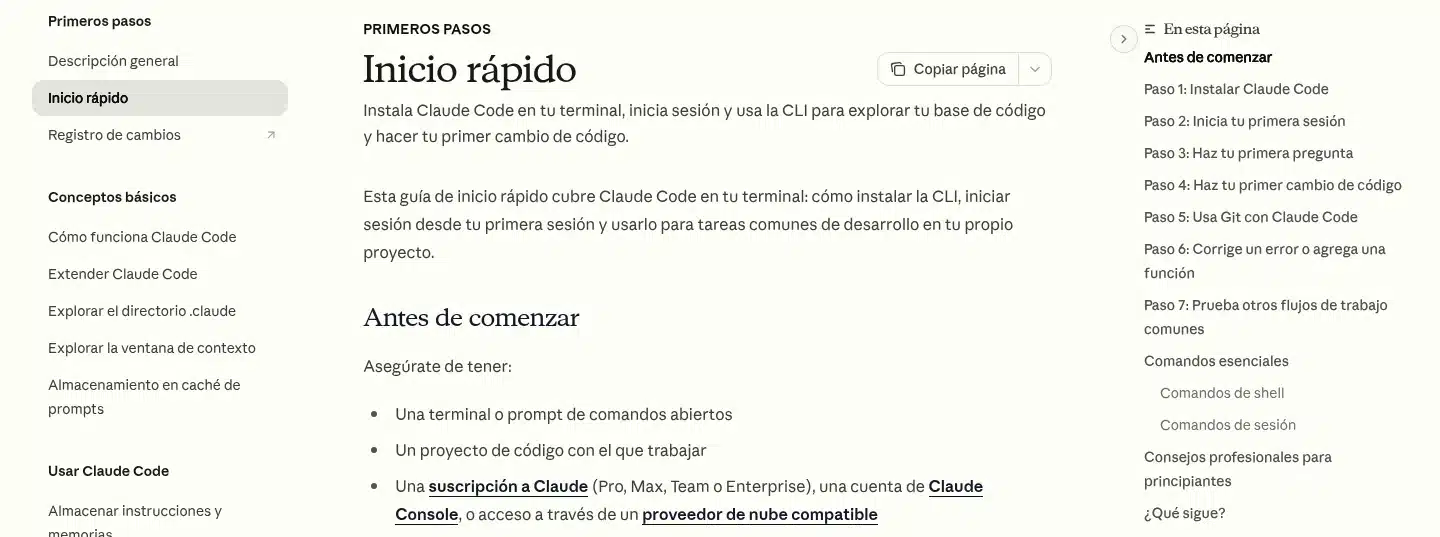 Guía de inicio rápido para instalar Claude Code en la documentación oficial en español