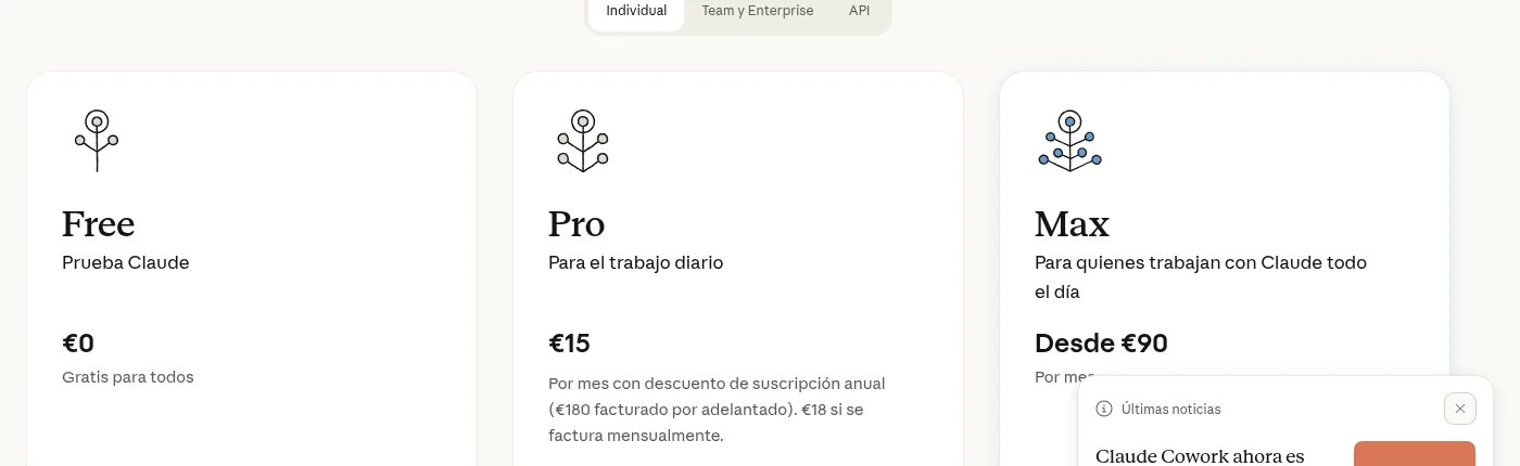 Precio de Claude Code en España: plan Free 0 euros, Pro 15 euros en anual o 18 al mes y Max desde 90 euros