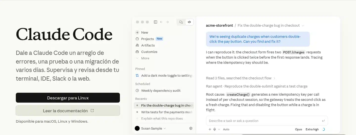 Página oficial de Claude Code con la app de escritorio y los accesos desde terminal, web, iOS, Android, GitHub y VS Code