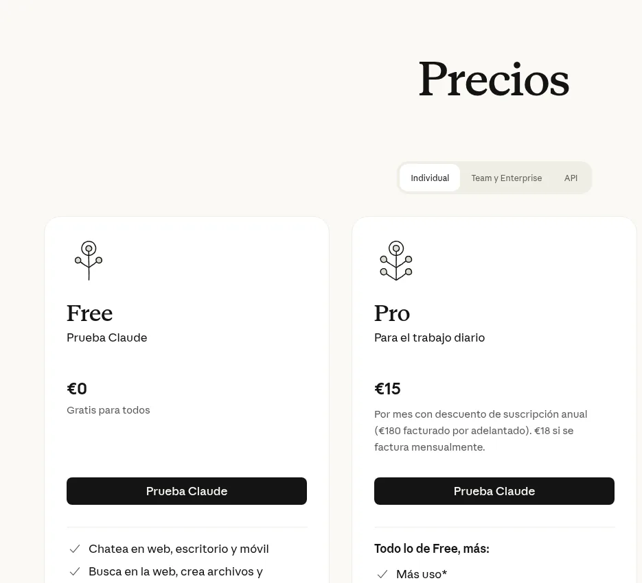 Planes de Claude: Free a 0 euros y Pro a 15 euros al mes en pago anual o 18 euros en pago mensual