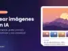 Crear imágenes con IA: cómo hacerlo gratis paso a paso y qué herramienta elegir Ilustración de cómo crear imágenes con IA: un prompt escrito genera un paisaje de montañas al atardecer y varias variantes