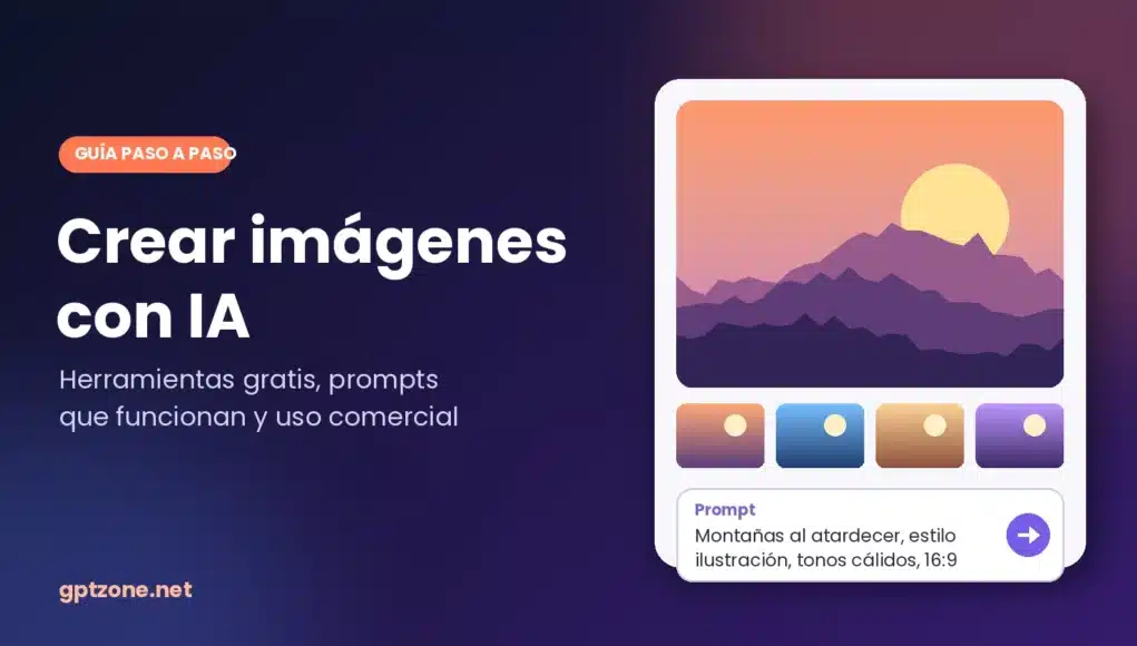 Crear imágenes con IA Ilustración de cómo crear imágenes con IA: un prompt escrito genera un paisaje de montañas al atardecer y varias variantes