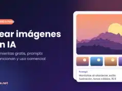 Crear imágenes con IA: cómo hacerlo gratis paso a paso y qué herramienta elegir Ilustración de cómo crear imágenes con IA: un prompt escrito genera un paisaje de montañas al atardecer y varias variantes