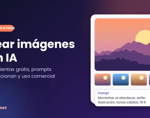 Crear imágenes con IA: cómo hacerlo gratis paso a paso y qué herramienta elegir Ilustración de cómo crear imágenes con IA: un prompt escrito genera un paisaje de montañas al atardecer y varias variantes