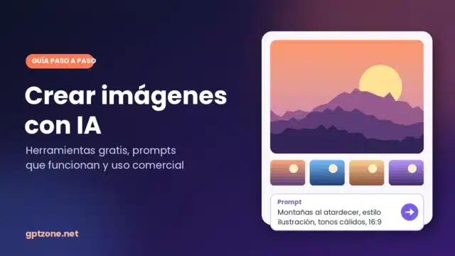 Crear imágenes con IA: cómo hacerlo gratis paso a paso y qué herramienta elegir Ilustración de cómo crear imágenes con IA: un prompt escrito genera un paisaje de montañas al atardecer y varias variantes