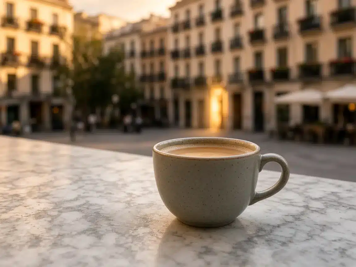 Imagen generada con IA a partir de un prompt completo: taza de café con leche en una mesa de mármol de una terraza de Madrid al amanecer