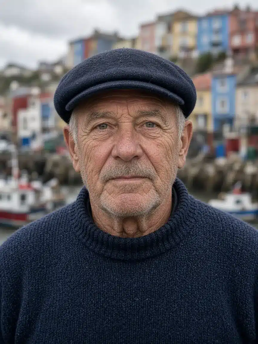 Retrato hiperrealista generado con IA de un pescador de unos 70 años en el puerto de Cudillero