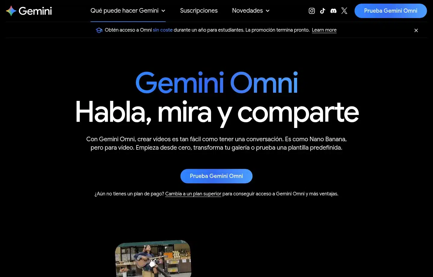 Página oficial de Gemini Omni, el modelo de Google para crear videos con IA que sustituye a Veo