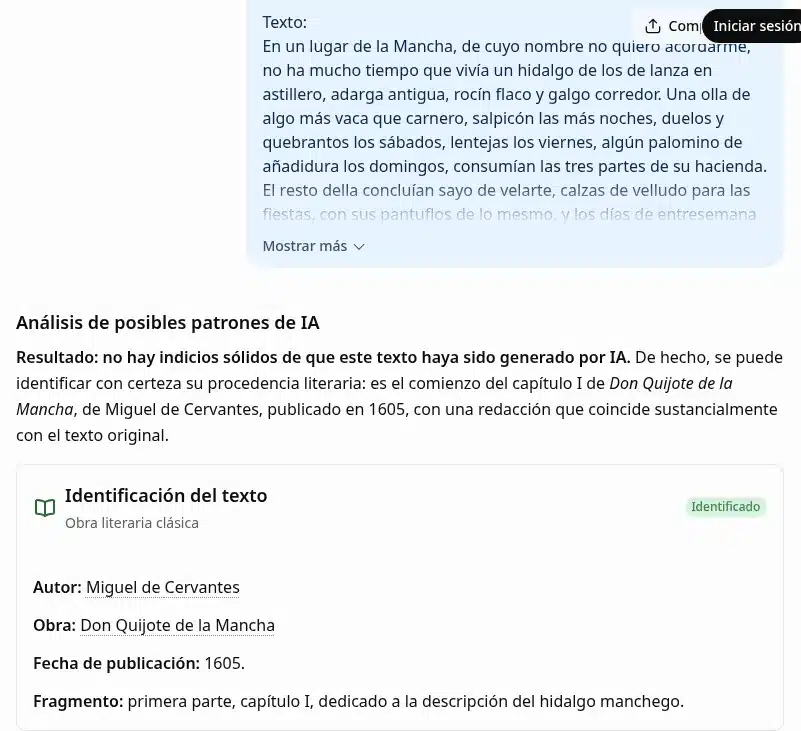Detector de IA de ChatGPT reconoce el comienzo del Quijote y no ve indicios de IA