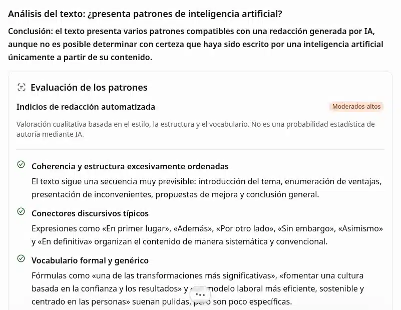 Detector de IA de ChatGPT detecta indicios moderados-altos de IA en un texto sobre el teletrabajo