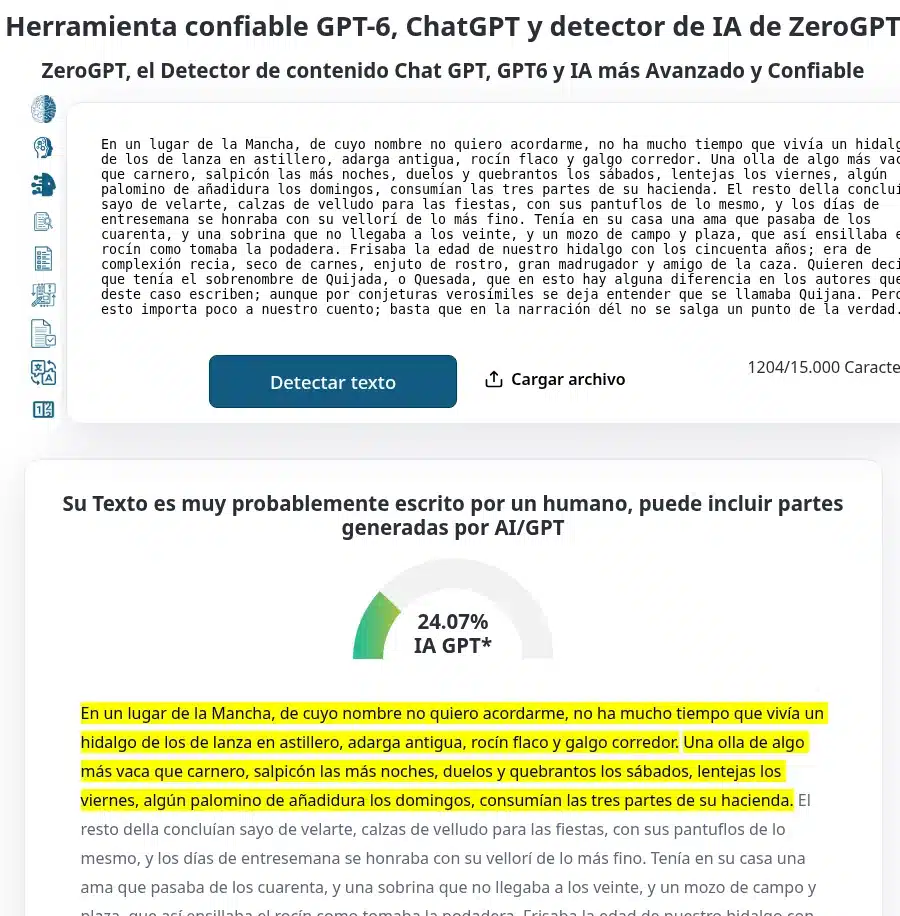 Detector de IA gratis ZeroGPT analiza el comienzo del Quijote y da un 24,07 % de IA