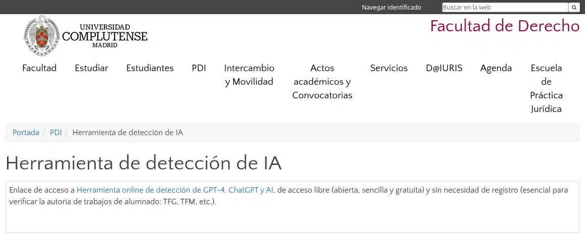 Página de la Facultad de Derecho de la UCM que recomienda un detector de IA para verificar TFG y TFM