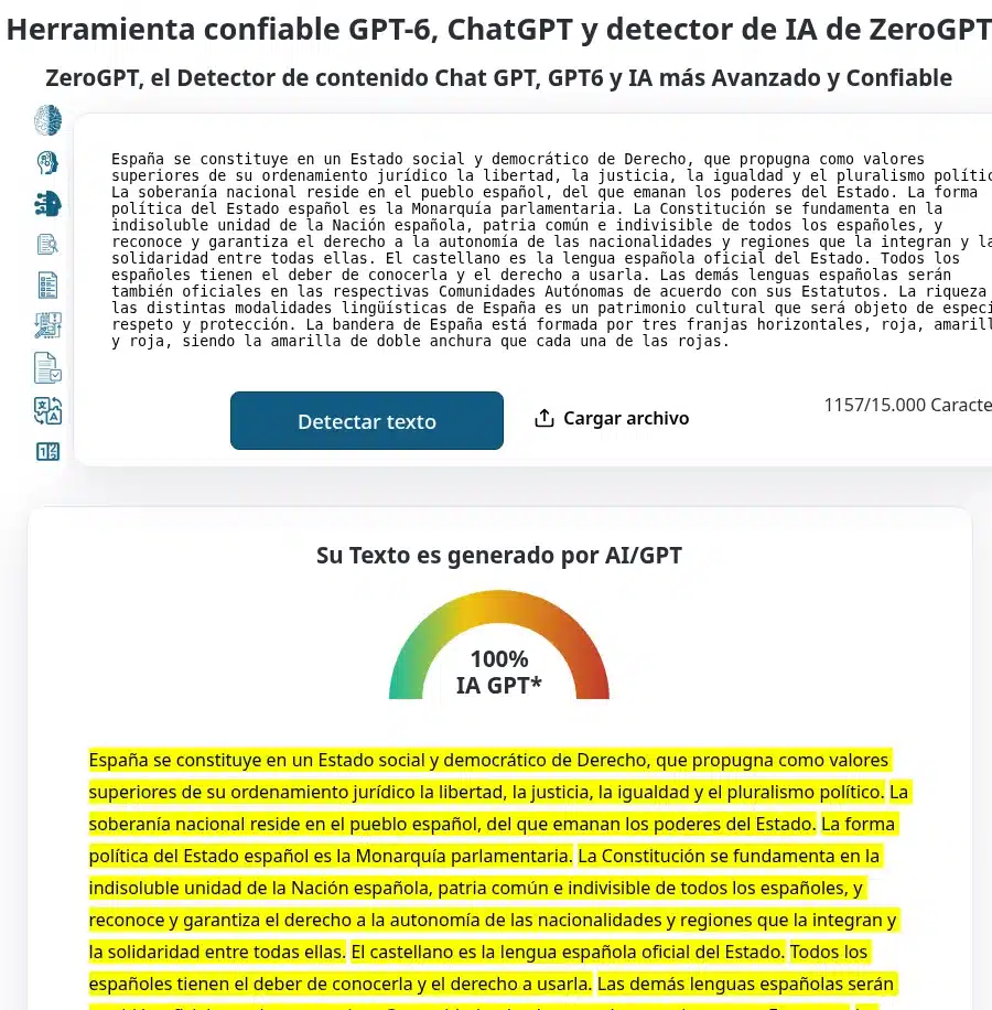Detector de IA ZeroGPT marca la Constitución Española como 100 % generada por IA, un falso positivo