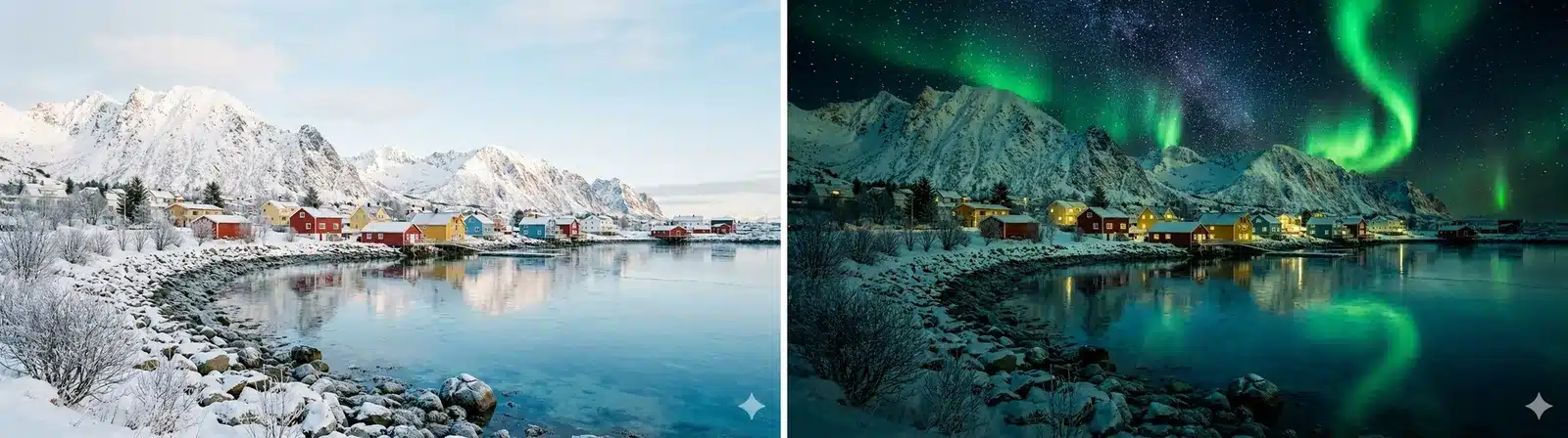 Editar imagen con IA en Gemini con Nano Banana: el mismo pueblo nevado de día y de noche con auroras boreales