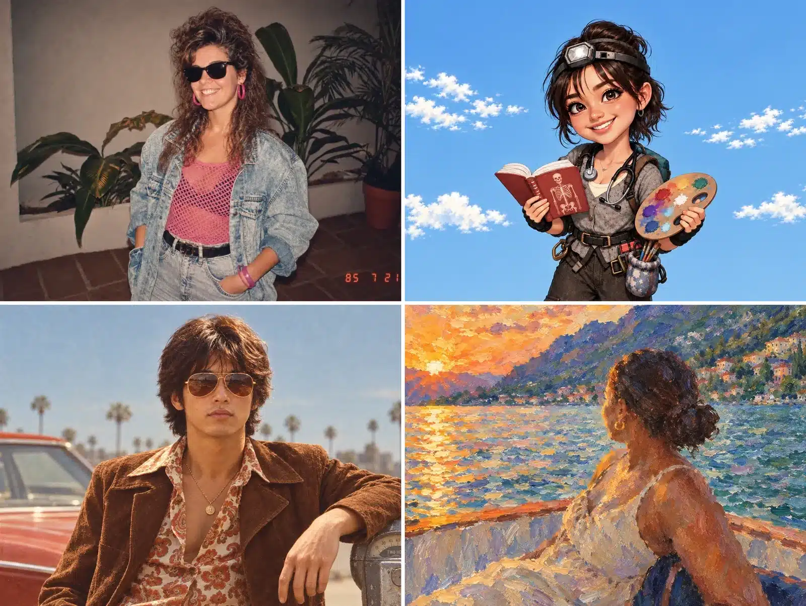 Cuatro ejemplos de estilos de ChatGPT Images para crear imágenes con IA: foto de los 80, dibujo animado, retrato setentero y pintura impresionista