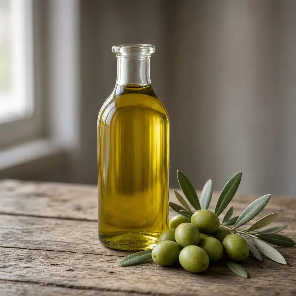Foto de producto generada con IA: botella de aceite de oliva sobre mesa de madera con aceitunas y rama de olivo